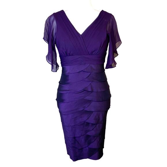 Adrianna Papell Tiered Ruffle‎ Metallic Iridescent Silk Purple Dress Women's 8 - Picture 2 of 16